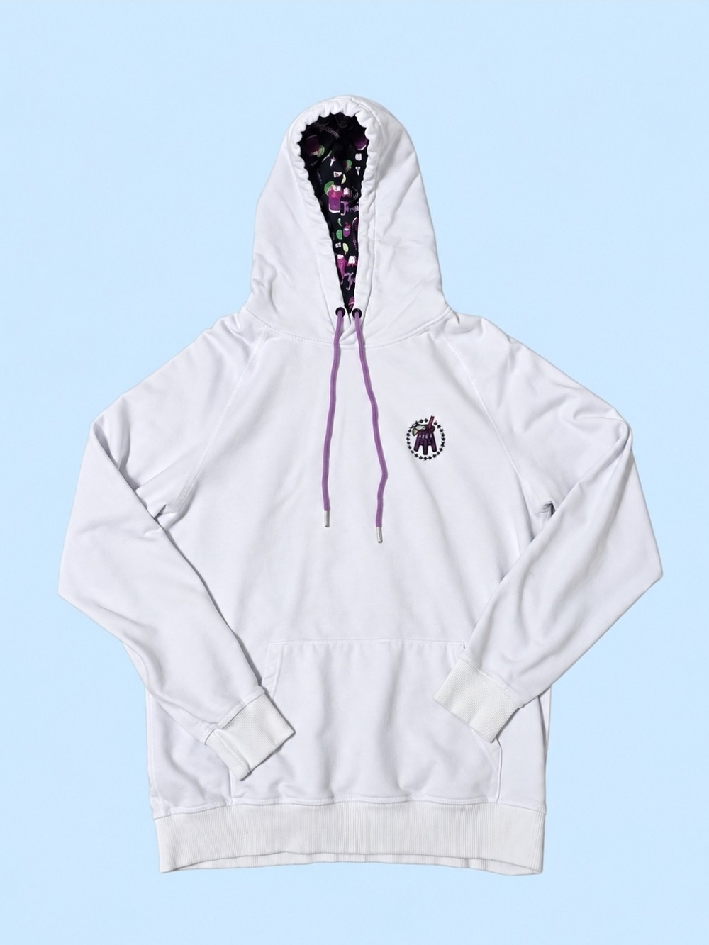 Barstool Sports White Hoodie with Purple Accents and Patterned Lining